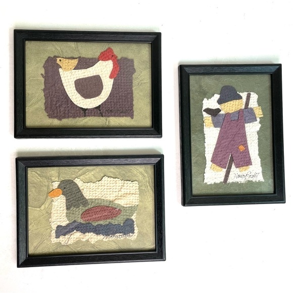 NANCY BASKET Cherokee Native American Fiber Art 3 Framed Duck Scarecrow Chicken - Picture 1 of 11